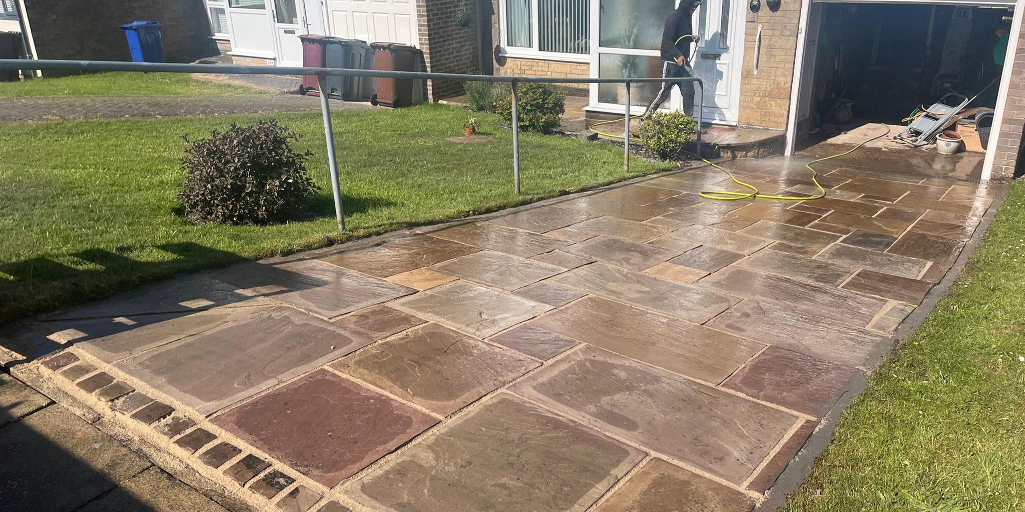 sandstone patio driveway plus artifical grass 01