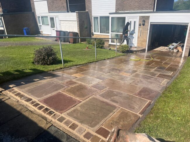 sandstone patio driveway plus artifical grass 01