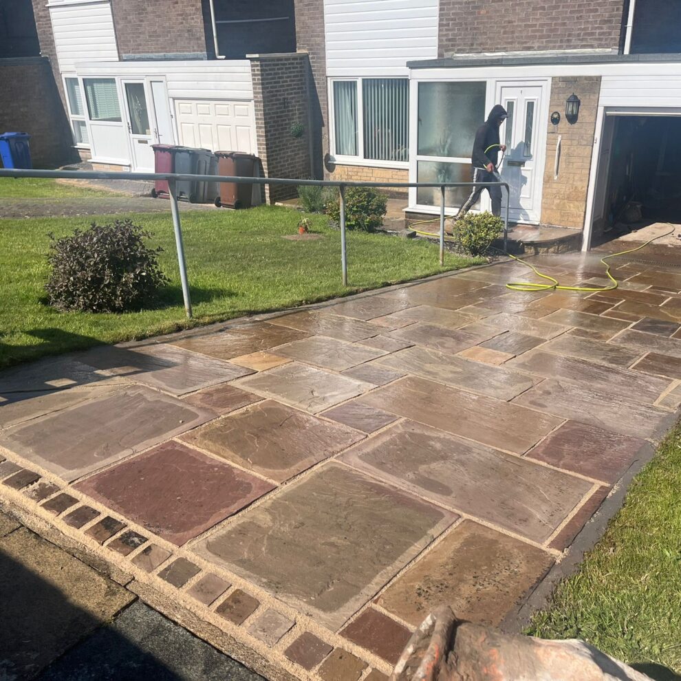 sandstone patio driveway plus artifical grass 01
