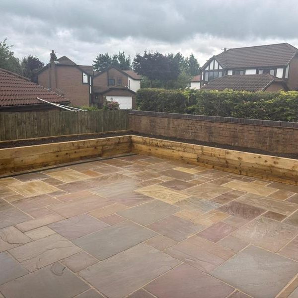 indian sandstone patio raised flower beds huntington 08