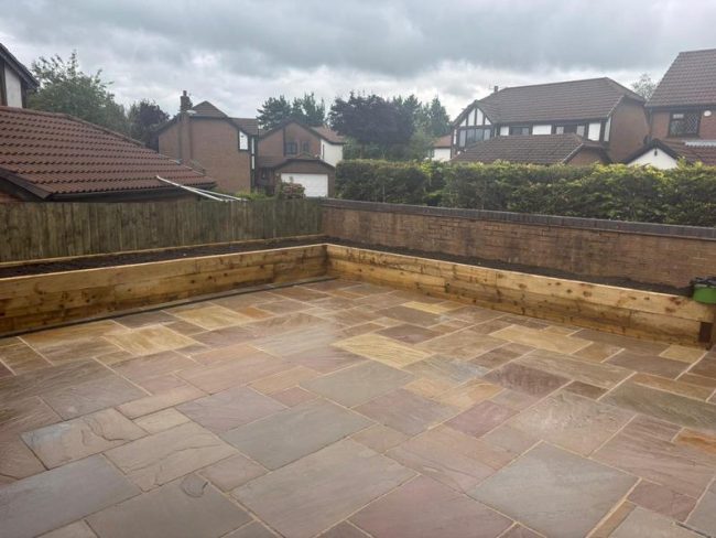 indian sandstone patio raised flower beds huntington 08