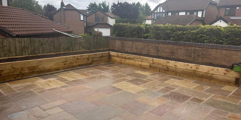 indian sandstone patio raised flower beds huntington 08