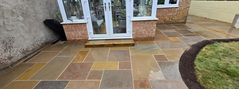 block paved driveway and indian sandstone patio in nelson 31
