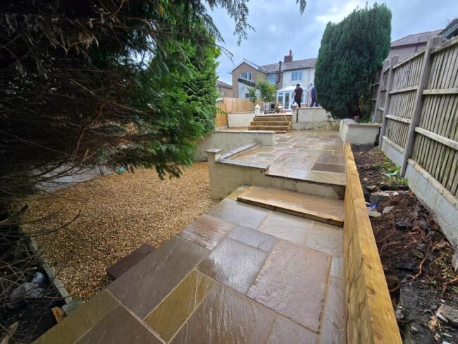 block paved driveway and indian sandstone patio in nelson 33