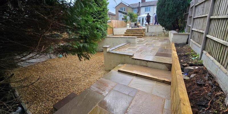 block paved driveway and indian sandstone patio in nelson 33