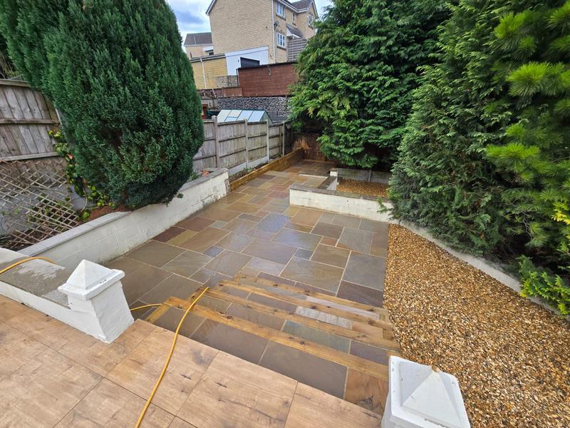 block paved driveway and indian sandstone patio in nelson 35