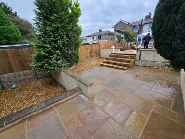 block paved driveway and indian sandstone patio in nelson 37