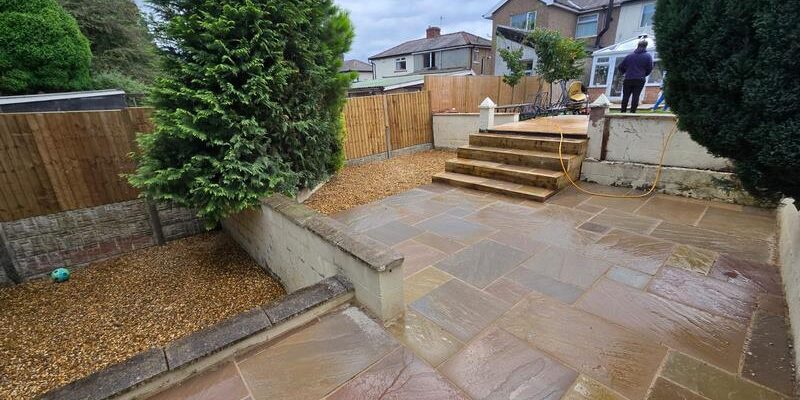block paved driveway and indian sandstone patio in nelson 37